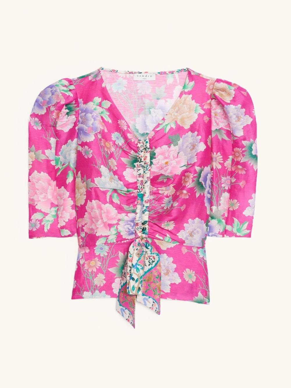 Sandro Paris Pink Becky Cropped Floral-Print Linen And Silk-Blend Shantung Top 4